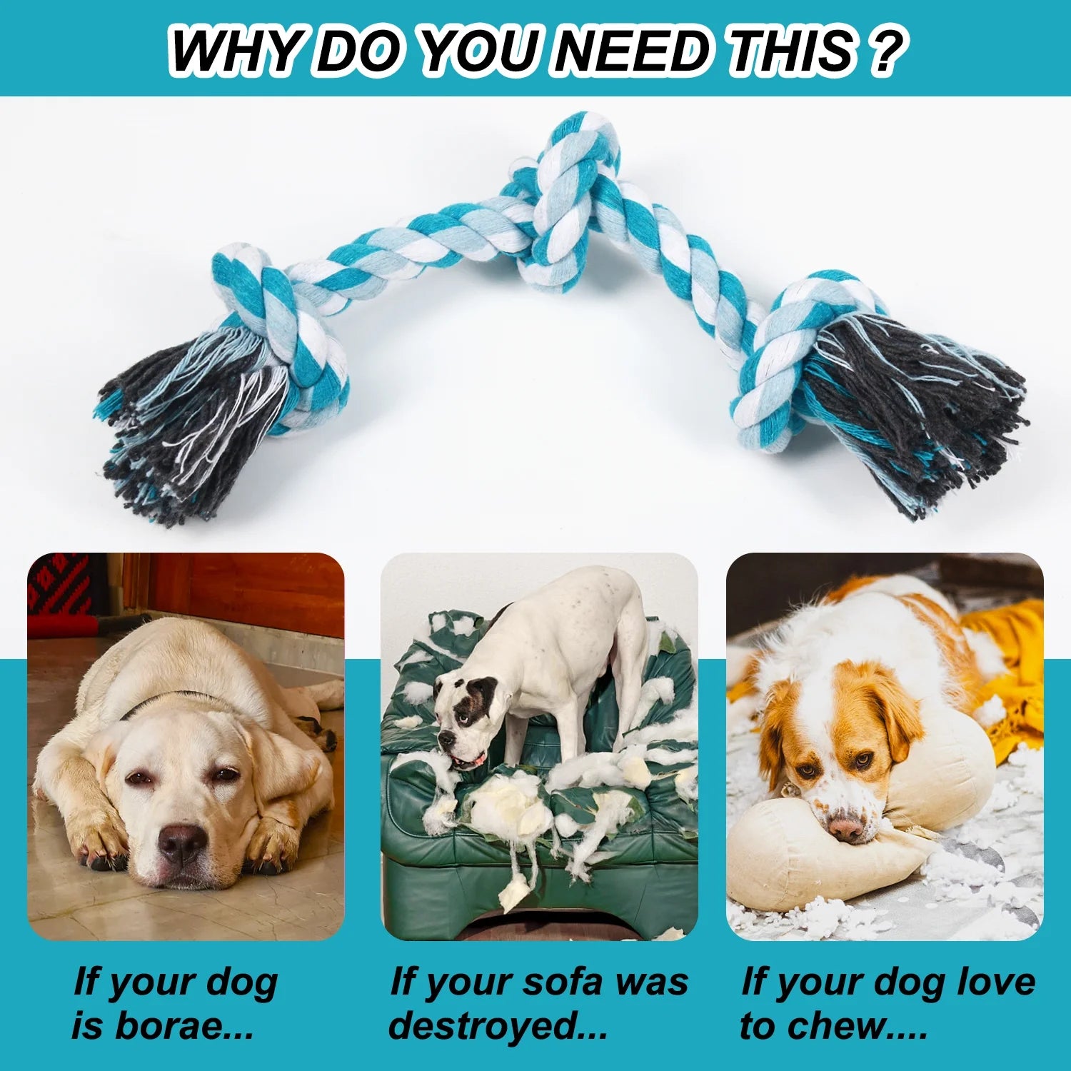 3 Knots Durable Braided Cotton Pet Chew Rope Toys for Dogs And Cats